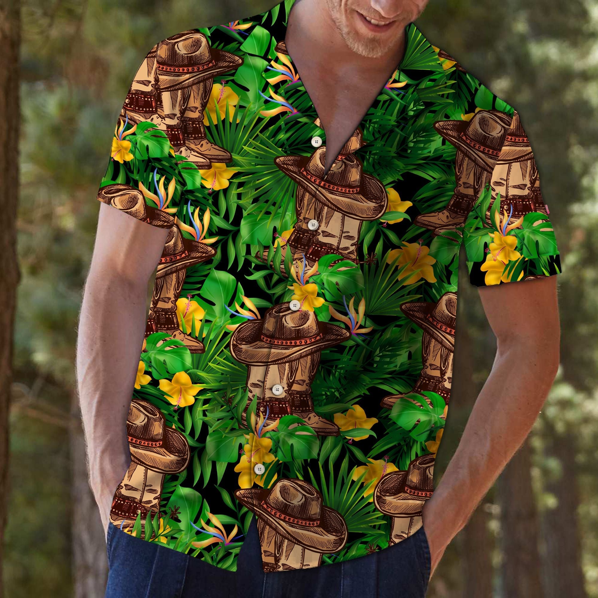 Cowboy Tropical Wild Flower Hawaiian Shirt, Summer Short Sleeve Shirts, Western Floral Aloha Shirts