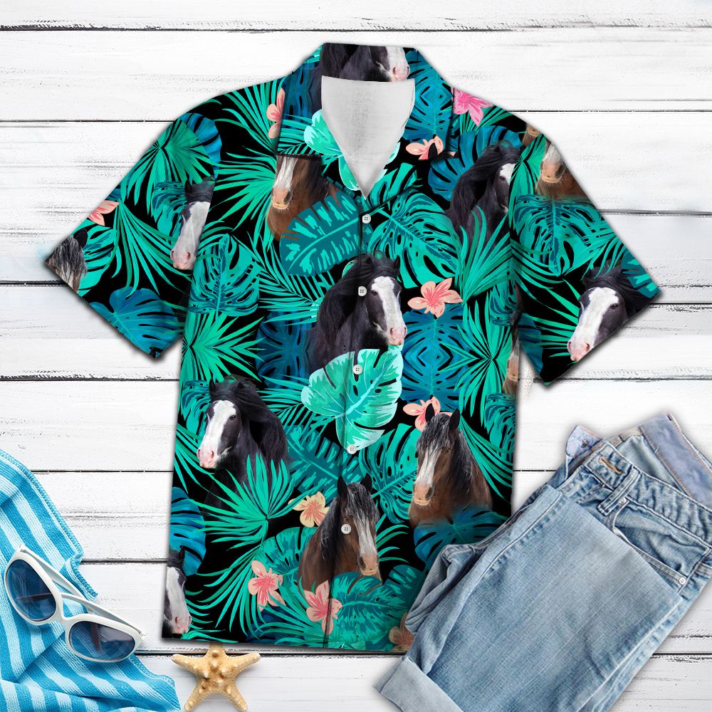 Clydesdale Green Tropical Hawaiian Shirt, Summer Short Sleeve Shirts, Horse Aloha Shirts