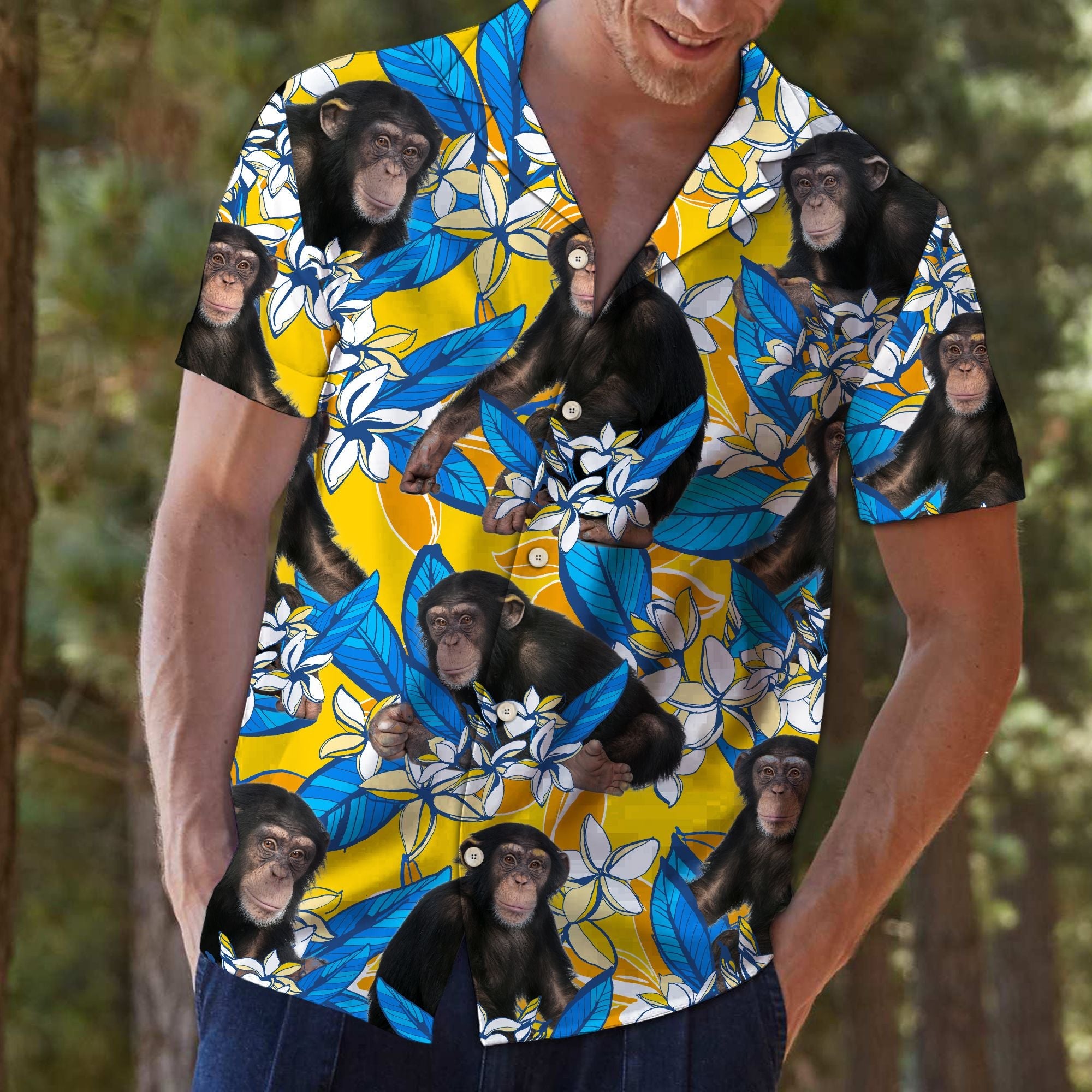 Chimpanzee Plumeria Flowers Hawaiian Shirt, Summer Short Sleeve Shirts, Funny Animal Aloha Shirts