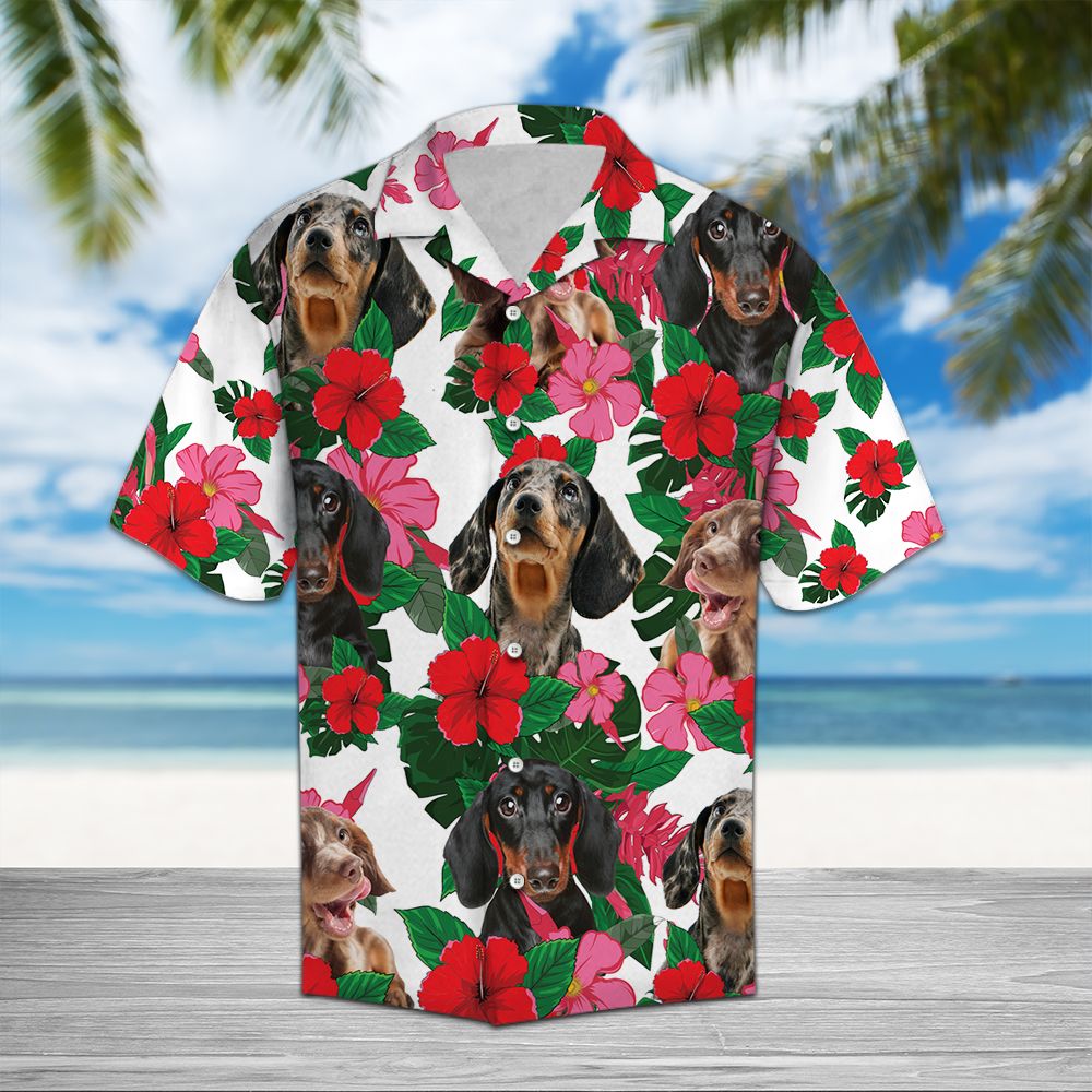 Dachshund Hibiscus Hawaiian Shirt, Cute Wiener Dog Aloha Shirts, Summer Short Sleeve Shirts