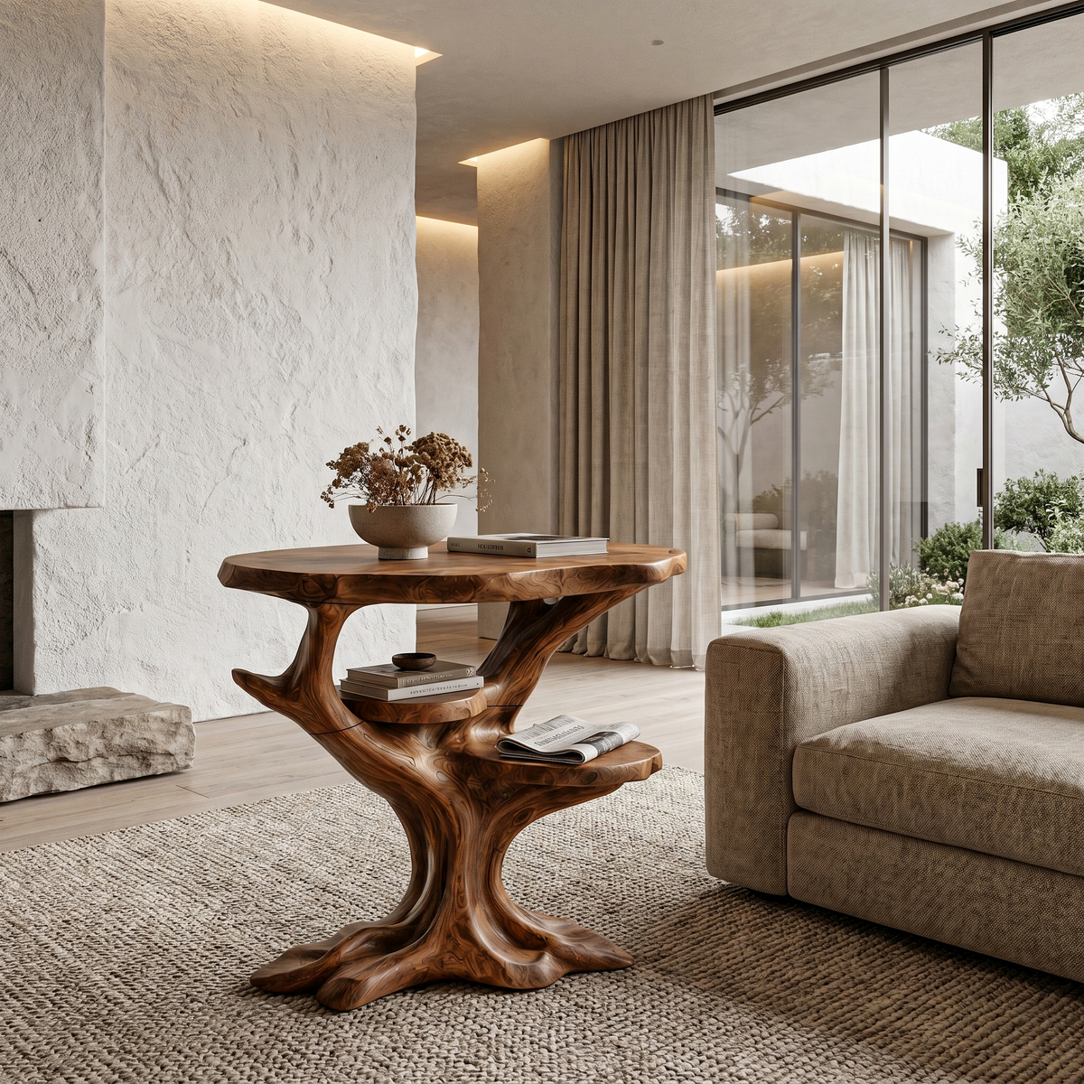 Organic Sculptural Side Table With Solid Wood Display Shelves For Living Room And Bedroom ETHCH021