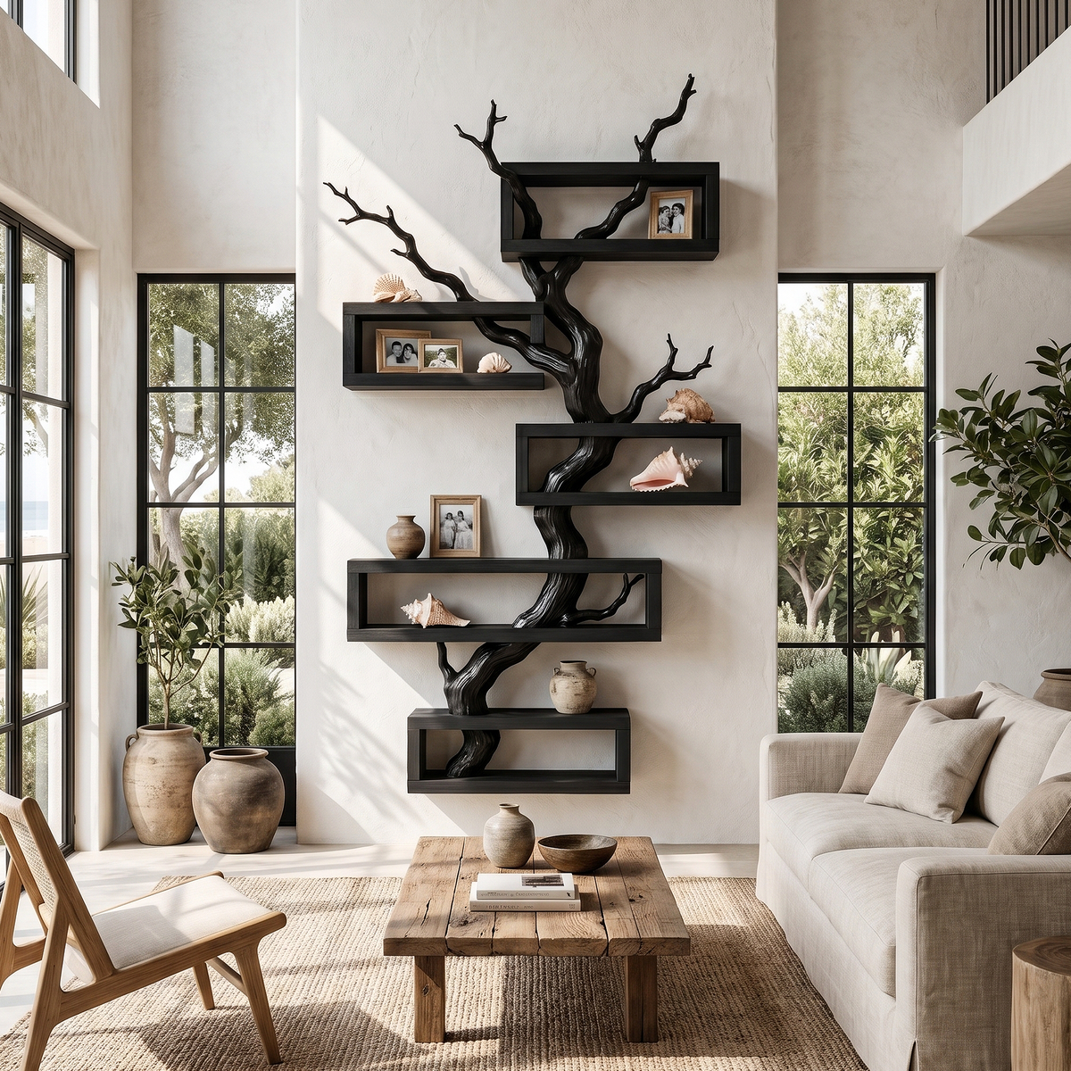 Modern Tree Branch Display Shelf With Floating Shelves For Home