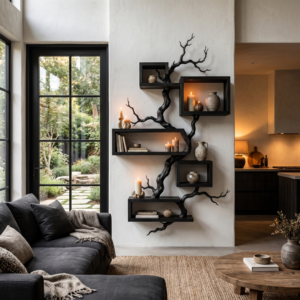 Organic Sculptural Floating Shelf With Tree Branch Design For Living Room