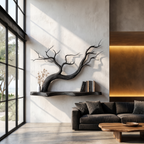 Handcrafted Floating Shelf With Sculptural Tree Branch Form For Living Room