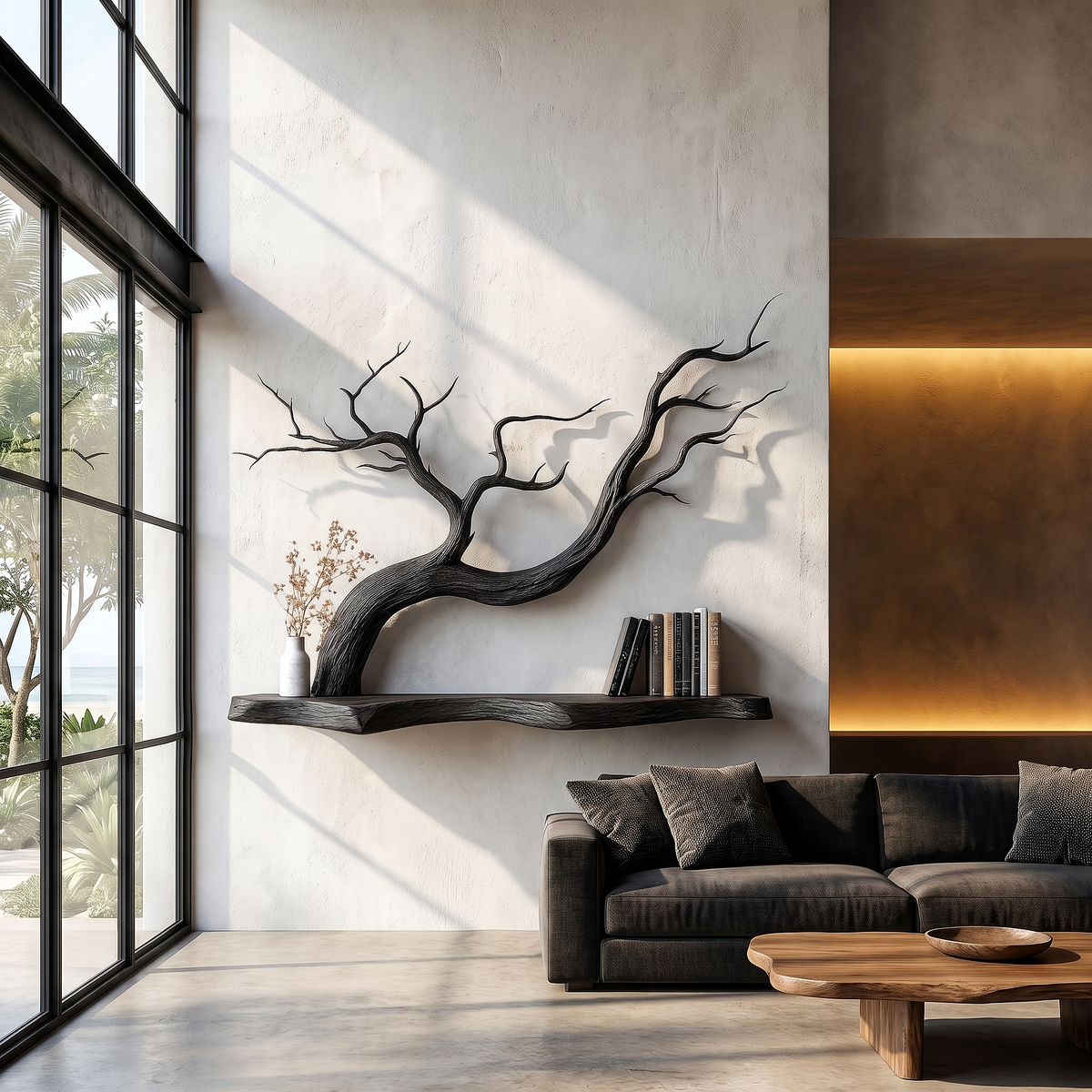 Handcrafted Floating Shelf With Sculptural Tree Branch Form For Living Room