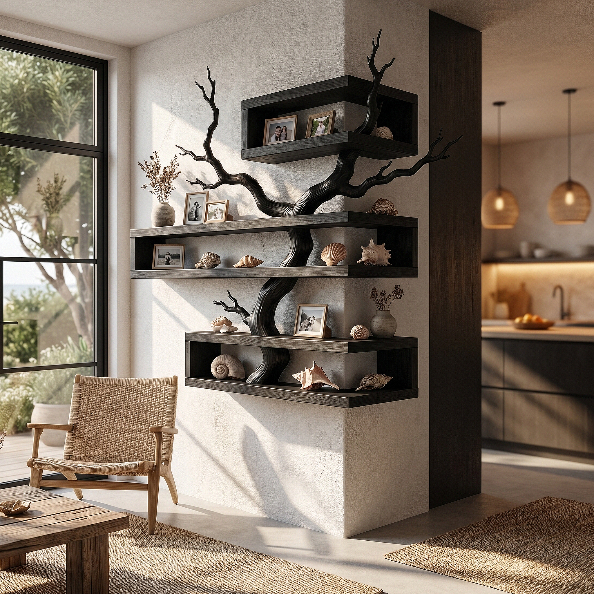 Rustic Corner Floating Shelf With Artistic Branch Shelves For Living Room