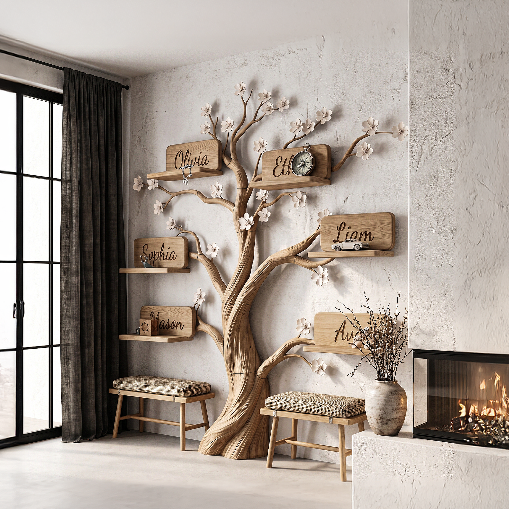 Natural Custom Family Tree Shelf With Heart Name Plaques For Living Room And Entryway