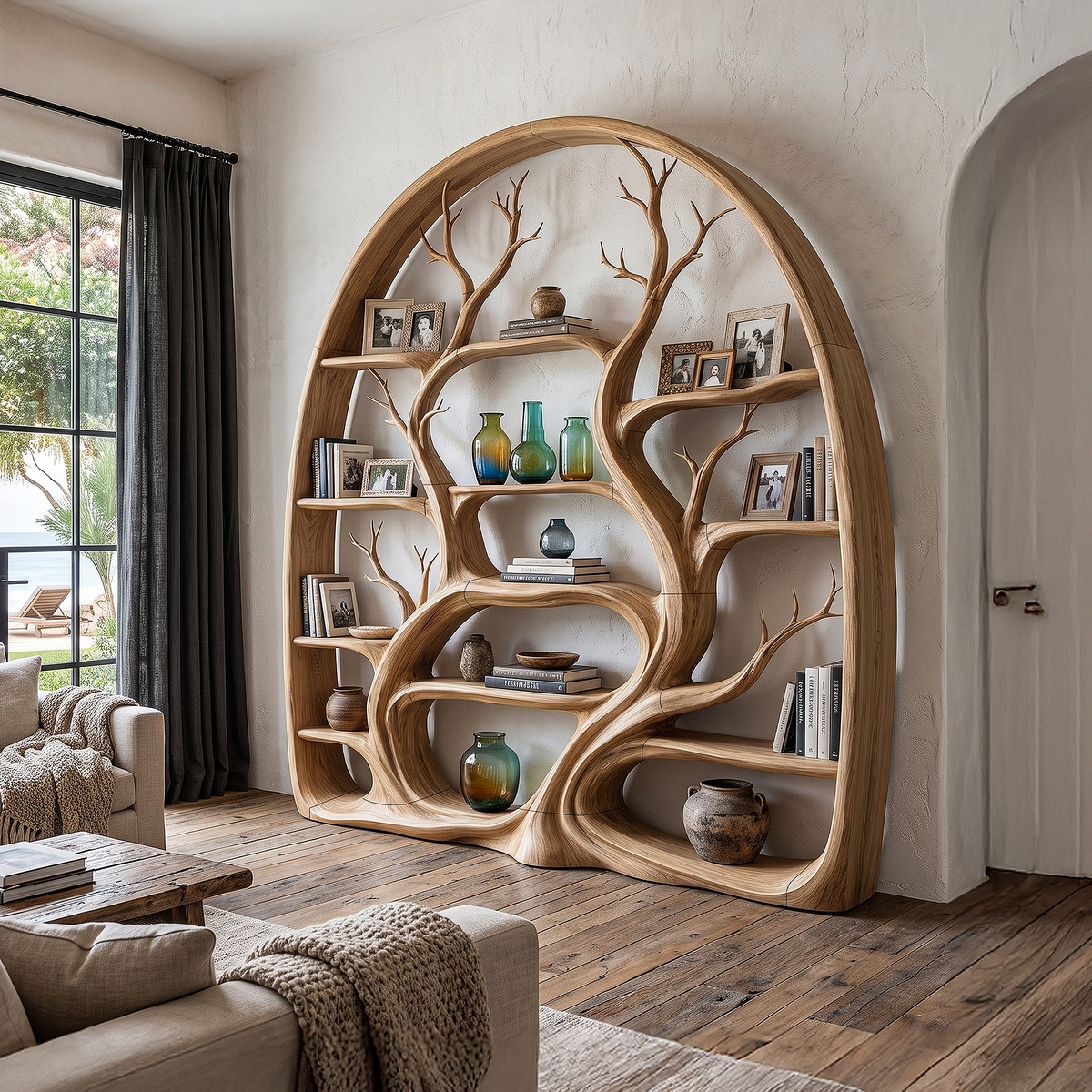Organic Tree Bookshelf With Arched Branch Design For Living Room And Home Office