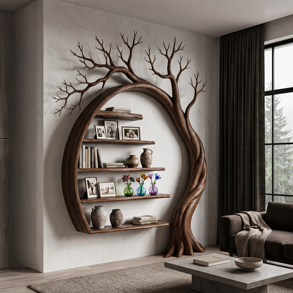 Natural Tree Bookshelf With Circular Branch Design For Living Room And Reading Nook