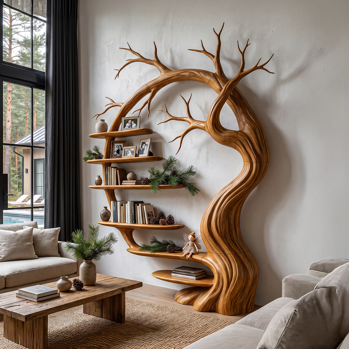 Rustic Tree Bookshelf With Sculptural Tree Branch Design For Living Room And Home Office