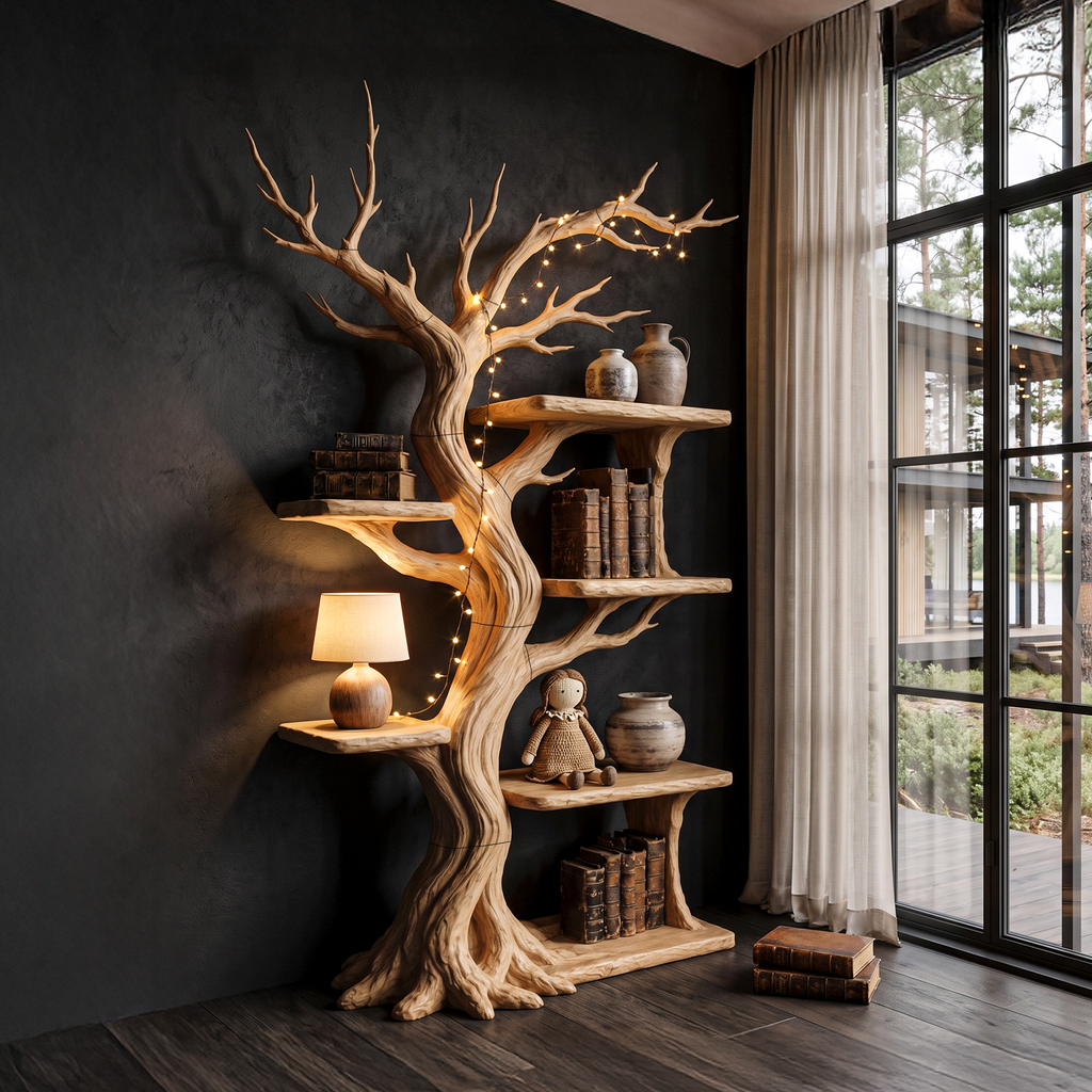 Rustic Tree Bookshelf Handcrafted Woodland Style For Reading Nook