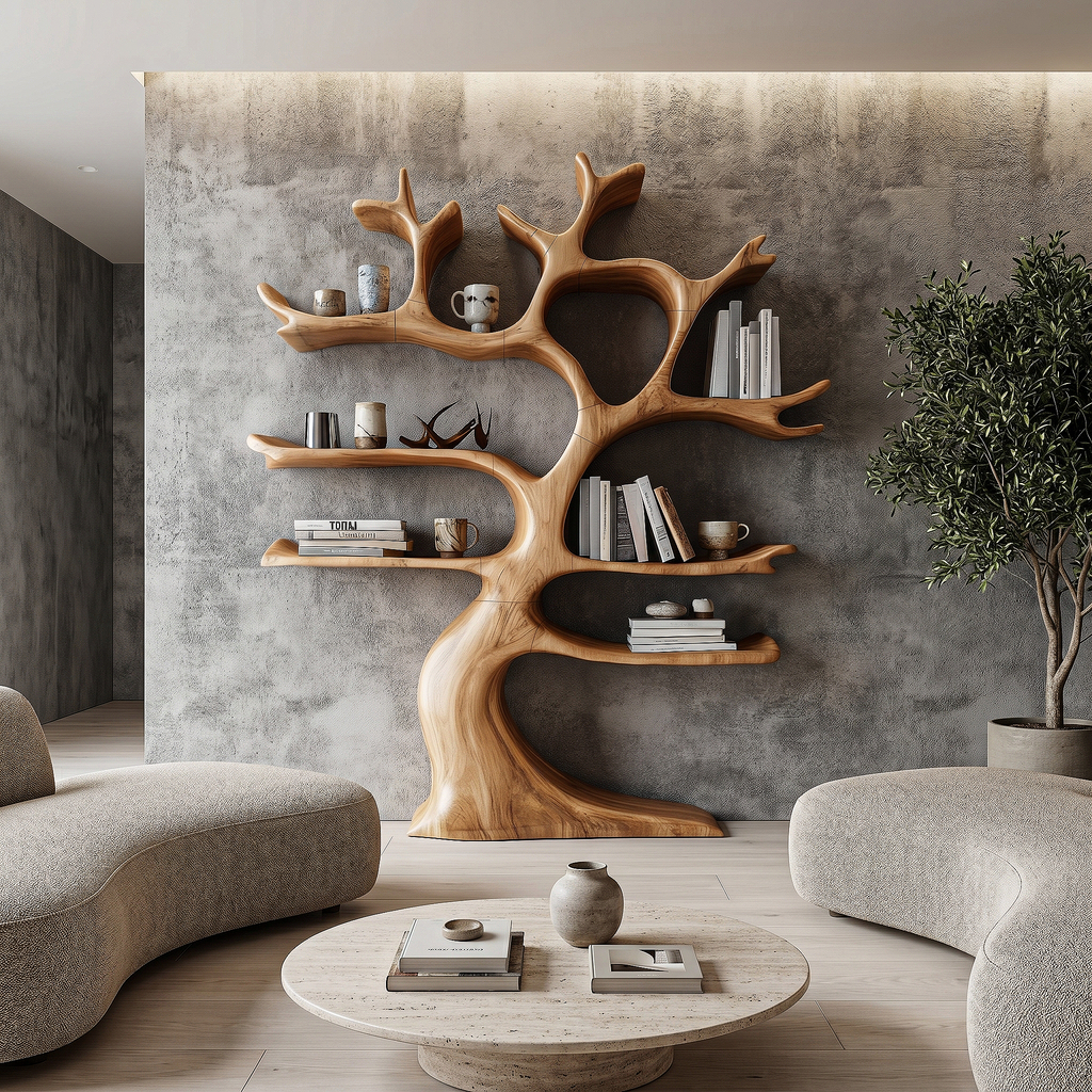 Organic Modern Tree Wall Shelf With Branch Inspired Storage For Living Room