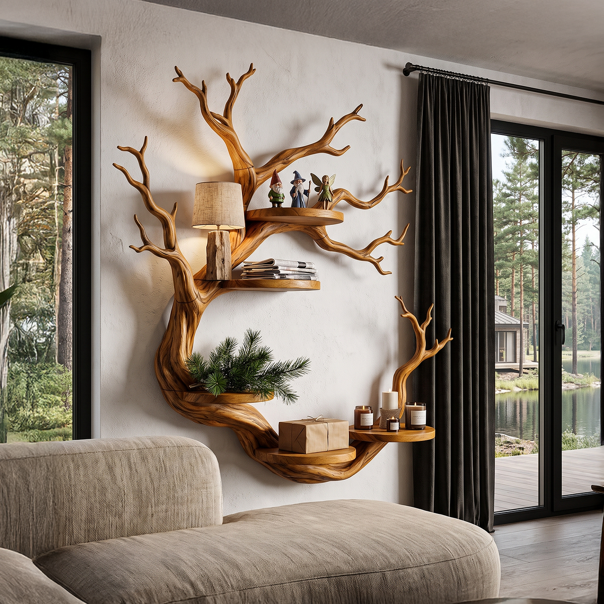 Rustic Tree Bookshelf With Sculptural Circular Branch Design For Living Room