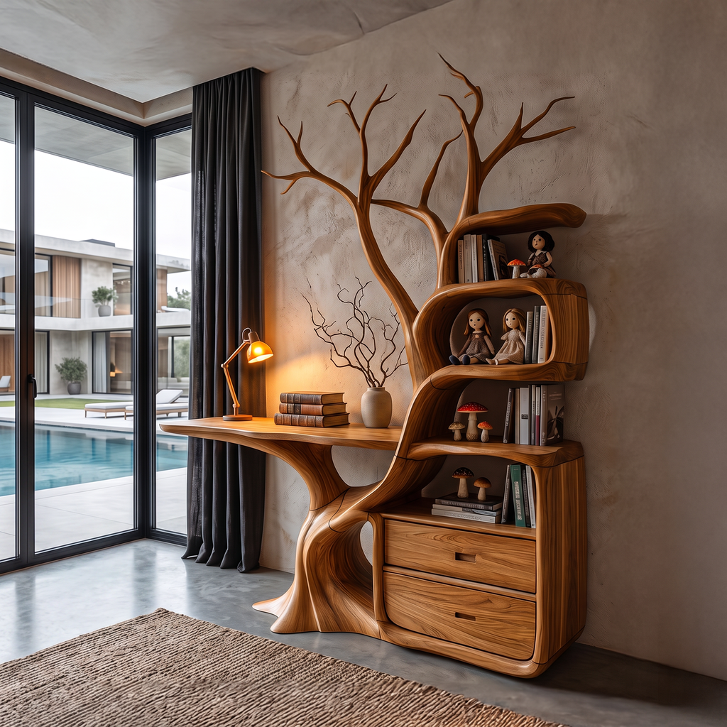Natural Wall Mounted Tree Bookcase With Built In Drawers For Reading Nook