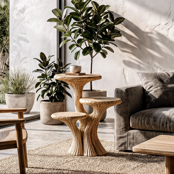 Contemporary Tiered Side Table With Sculptural Solid Wood Design For Living Room And Bedroom ETHCH023
