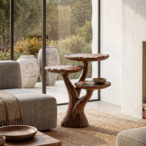 Organic Sculptural Side Table With Multi Tier Solid Wood Shelves For Living Room And Bedroom ETHCH022