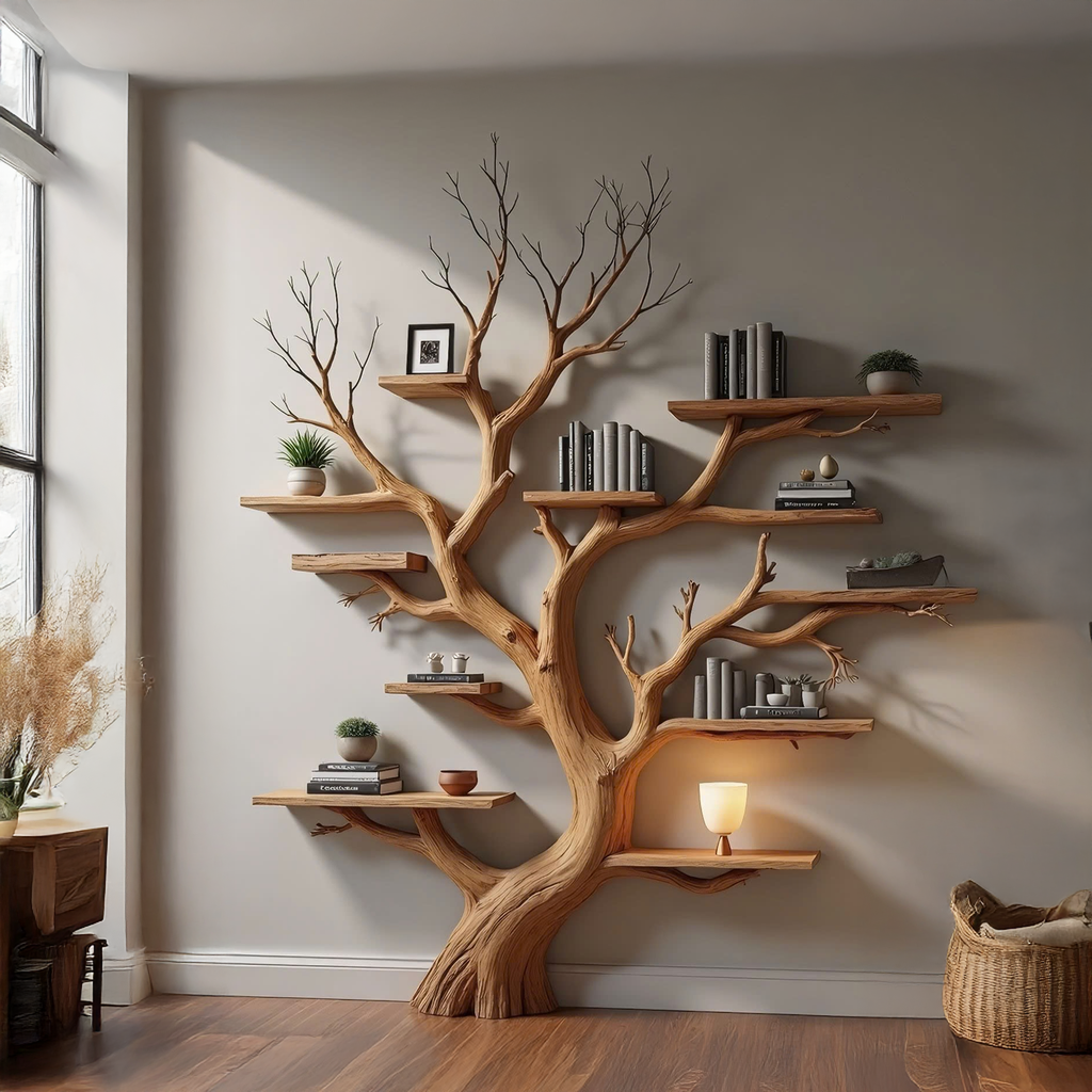Wood Tree Bookshelf Wal Mounted Shelf Living Room