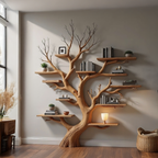 Wood Tree Bookshelf Wal Mounted Shelf Living Room