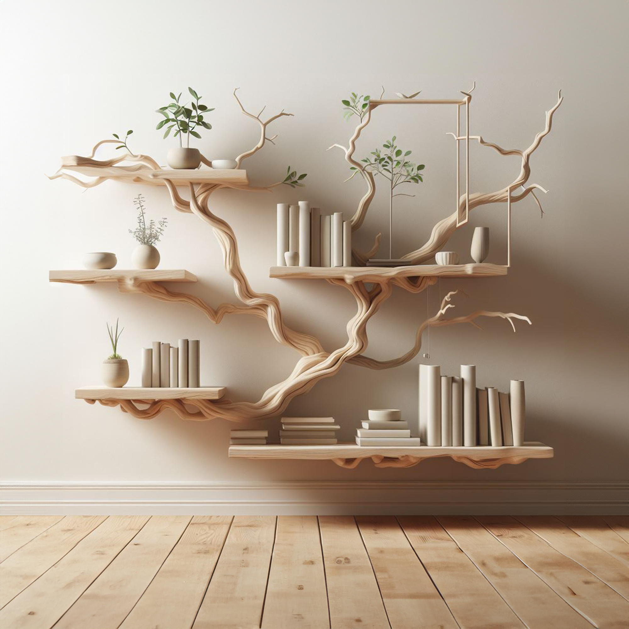 Tree Books Shelf Decor Solid Wood Carving