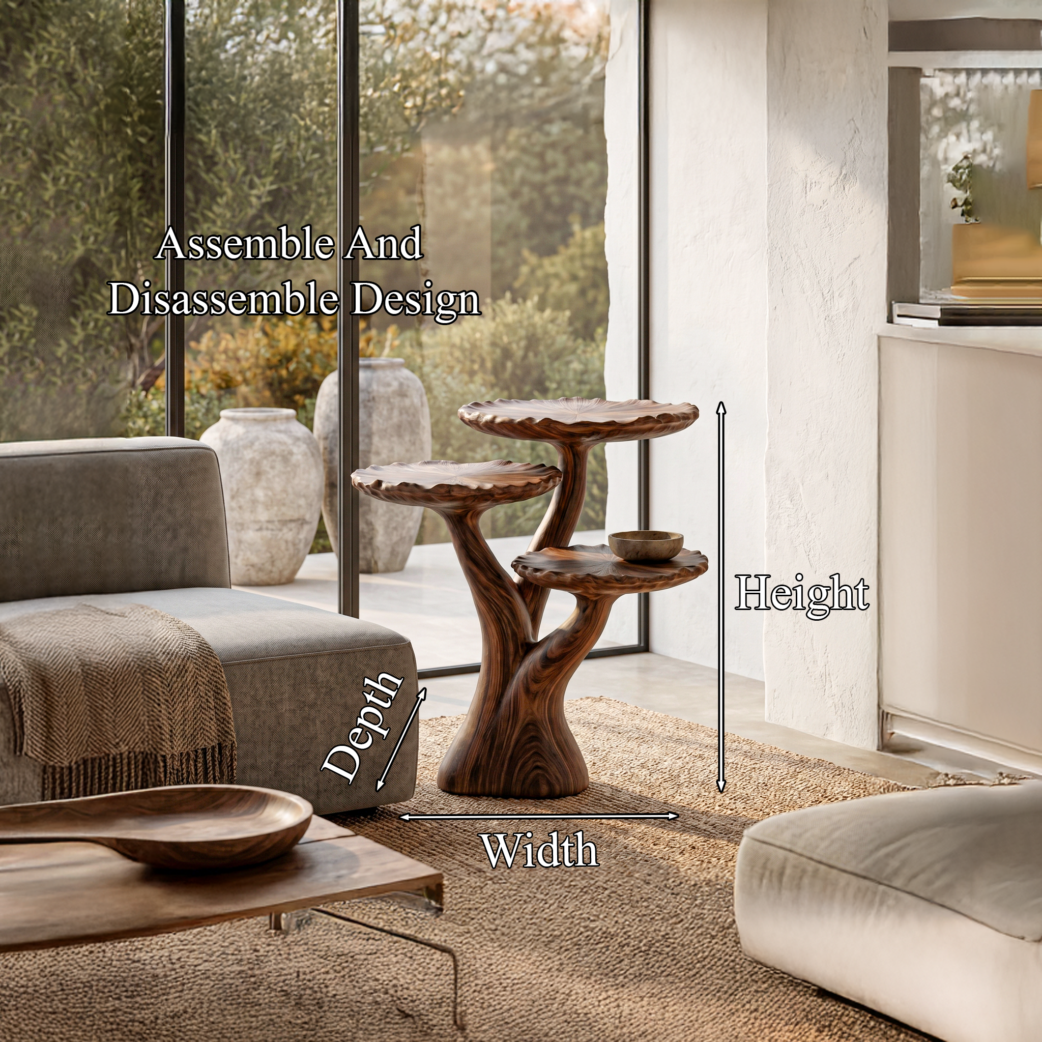 Organic Sculptural Side Table With Multi Tier Solid Wood Shelves For Living Room And Bedroom ETHCH022