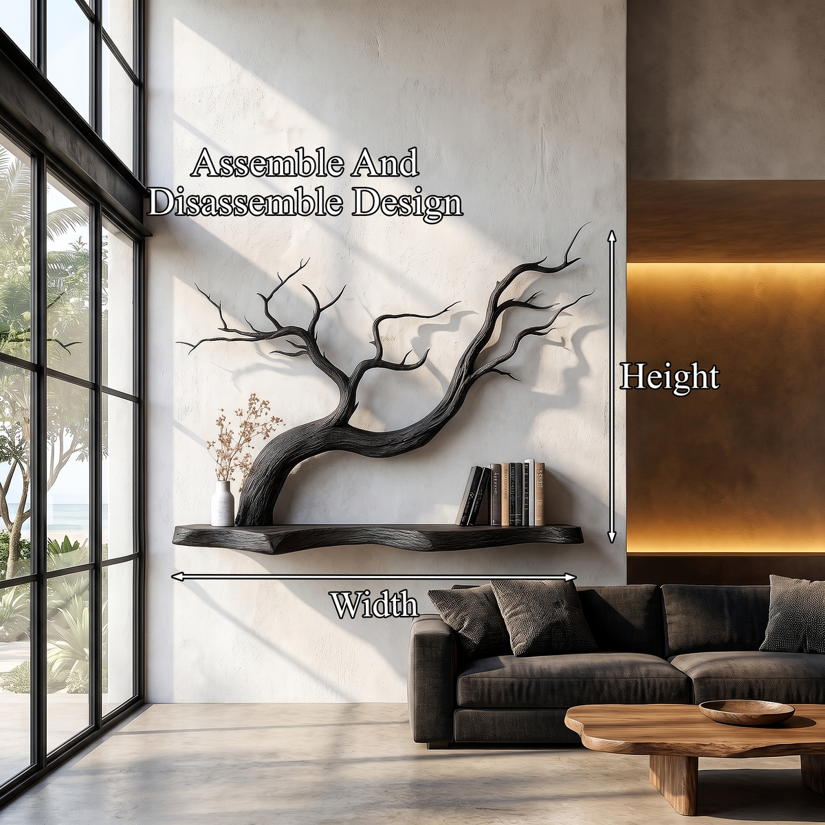 Handcrafted Floating Shelf With Sculptural Tree Branch Form For Living Room
