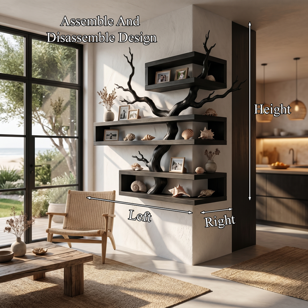 Rustic Corner Floating Shelf With Artistic Branch Shelves For Living Room
