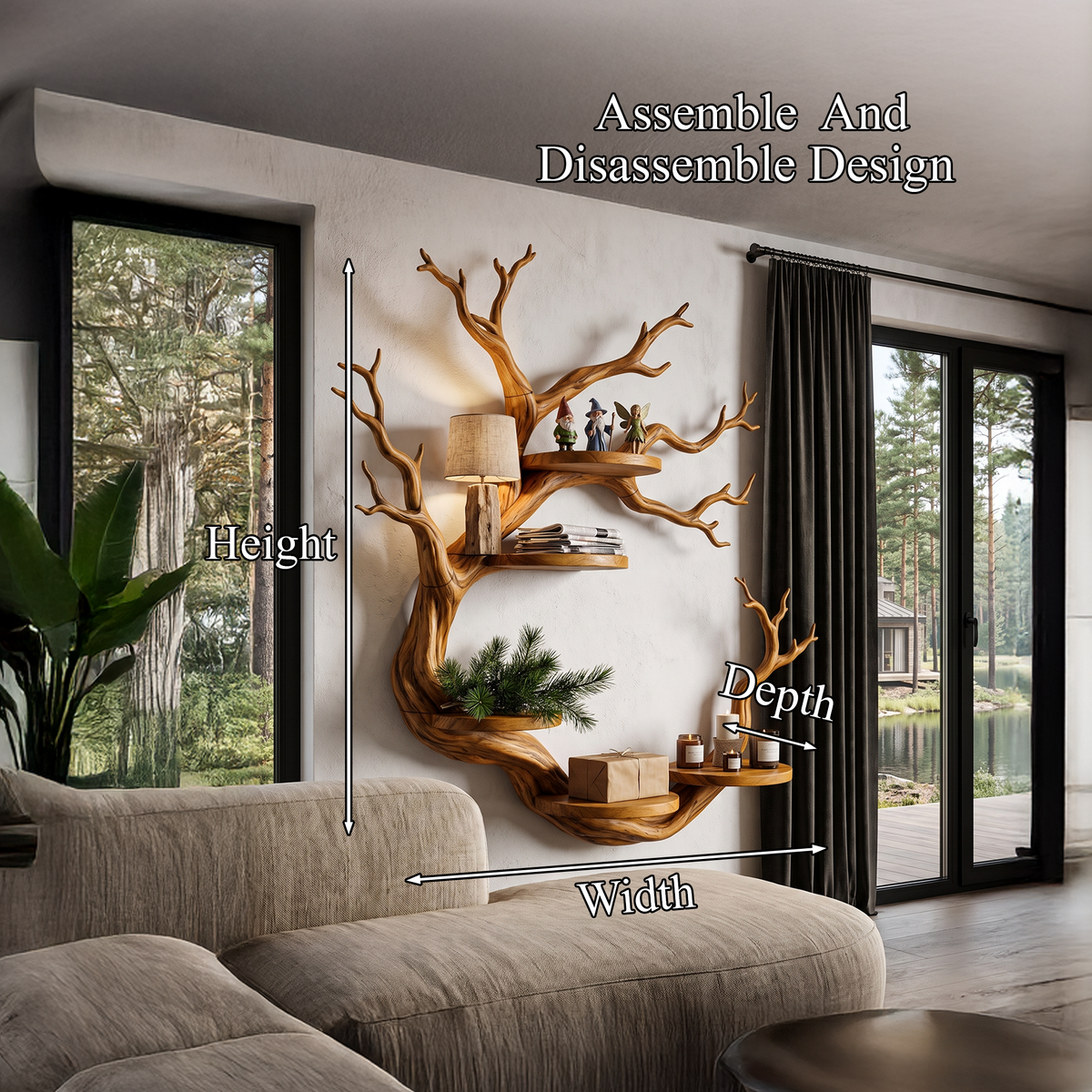 Rustic Tree Bookshelf With Sculptural Circular Branch Design For Living Room