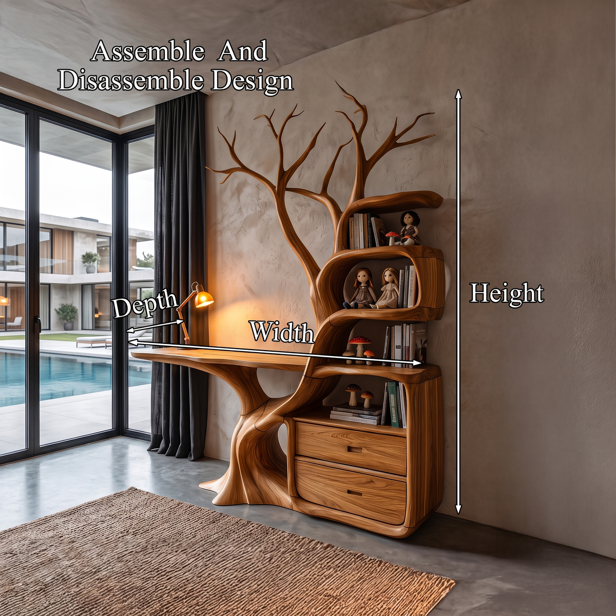 Natural Wall Mounted Tree Bookcase With Built In Drawers For Reading Nook