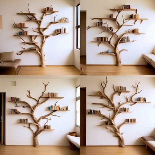 Artistic Wild Mulberry Solid Wood Tree Bookshelf For Living Room