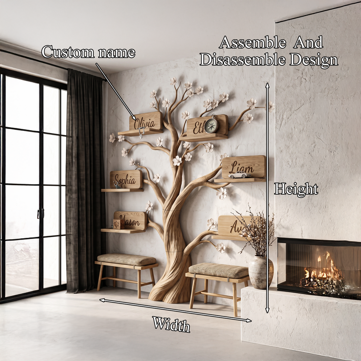 Natural Custom Family Tree Shelf With Heart Name Plaques For Living Room And Entryway