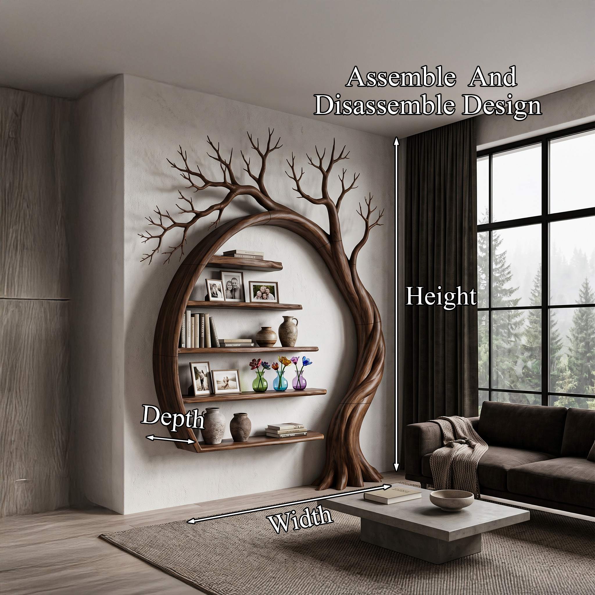 Natural Tree Bookshelf With Circular Branch Design For Living Room And Reading Nook