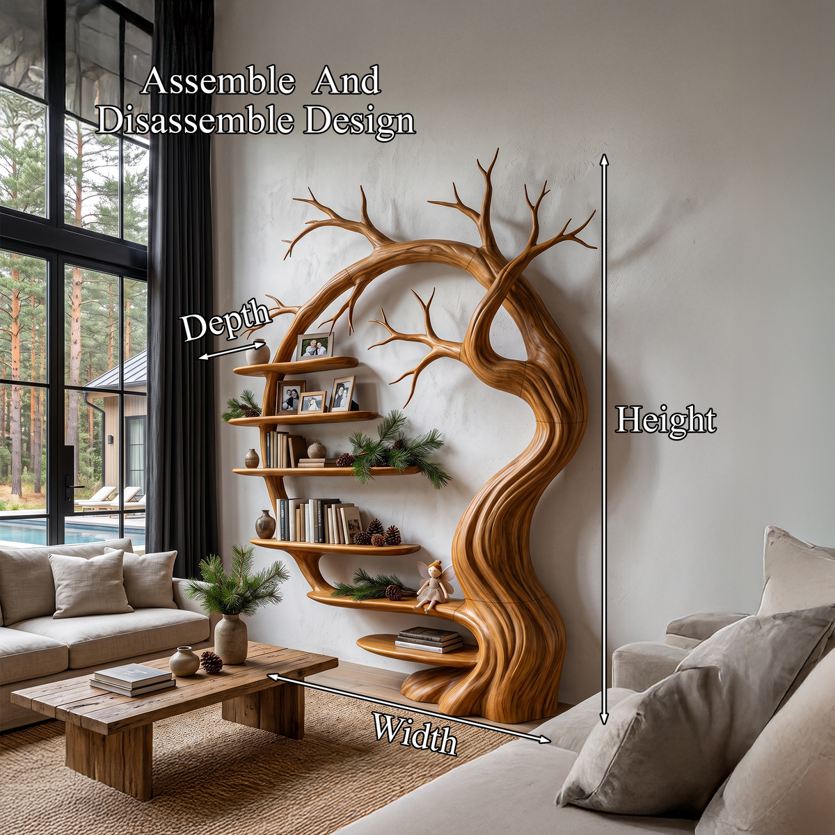 Rustic Tree Bookshelf With Sculptural Tree Branch Design For Living Room And Home Office