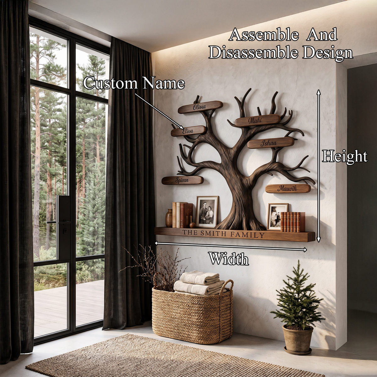 Organic Personalized Tree Wall Bookshelf With Custom Family Name For Living Room And Home Office