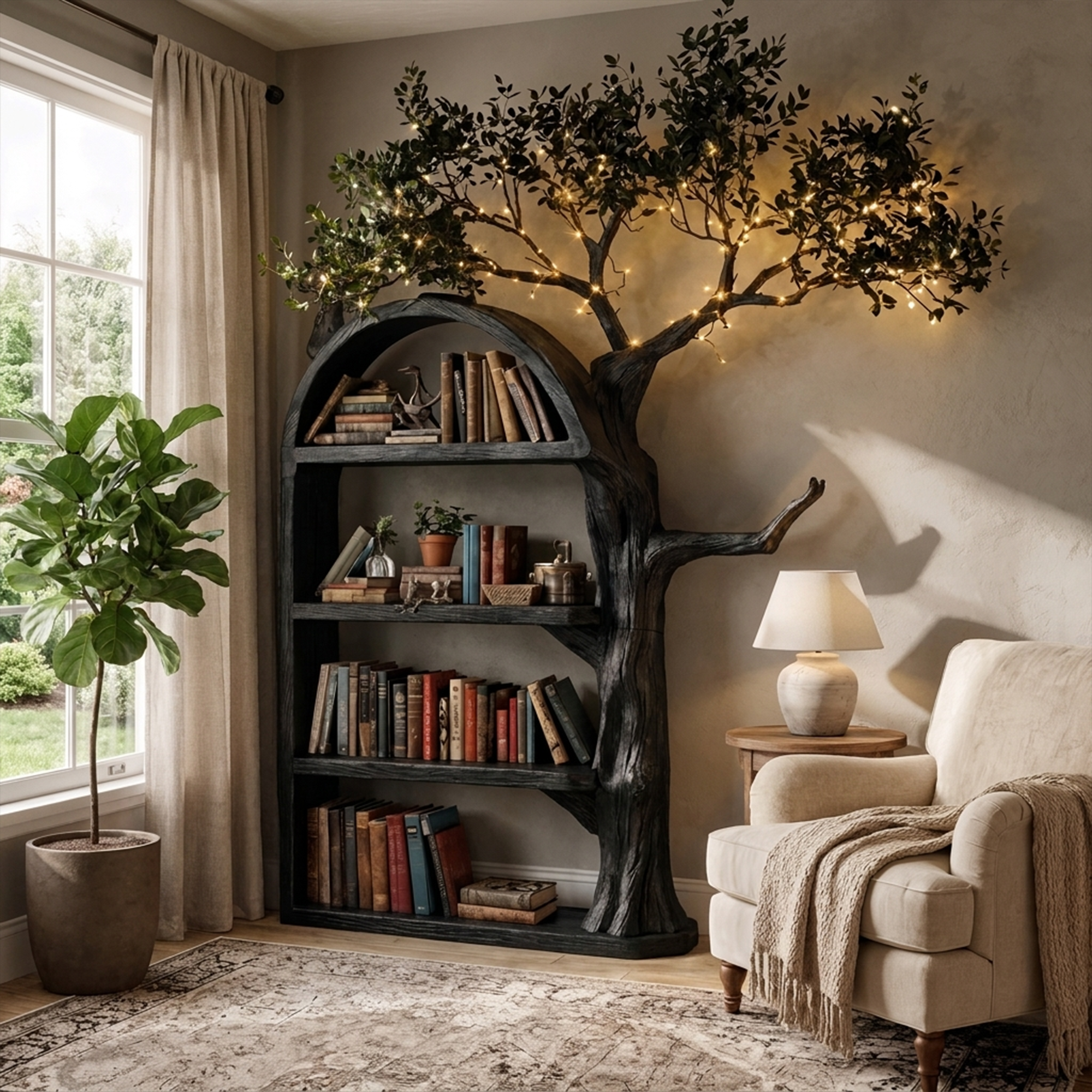 Rustic Tree Bookshelf Living Room Wall Display