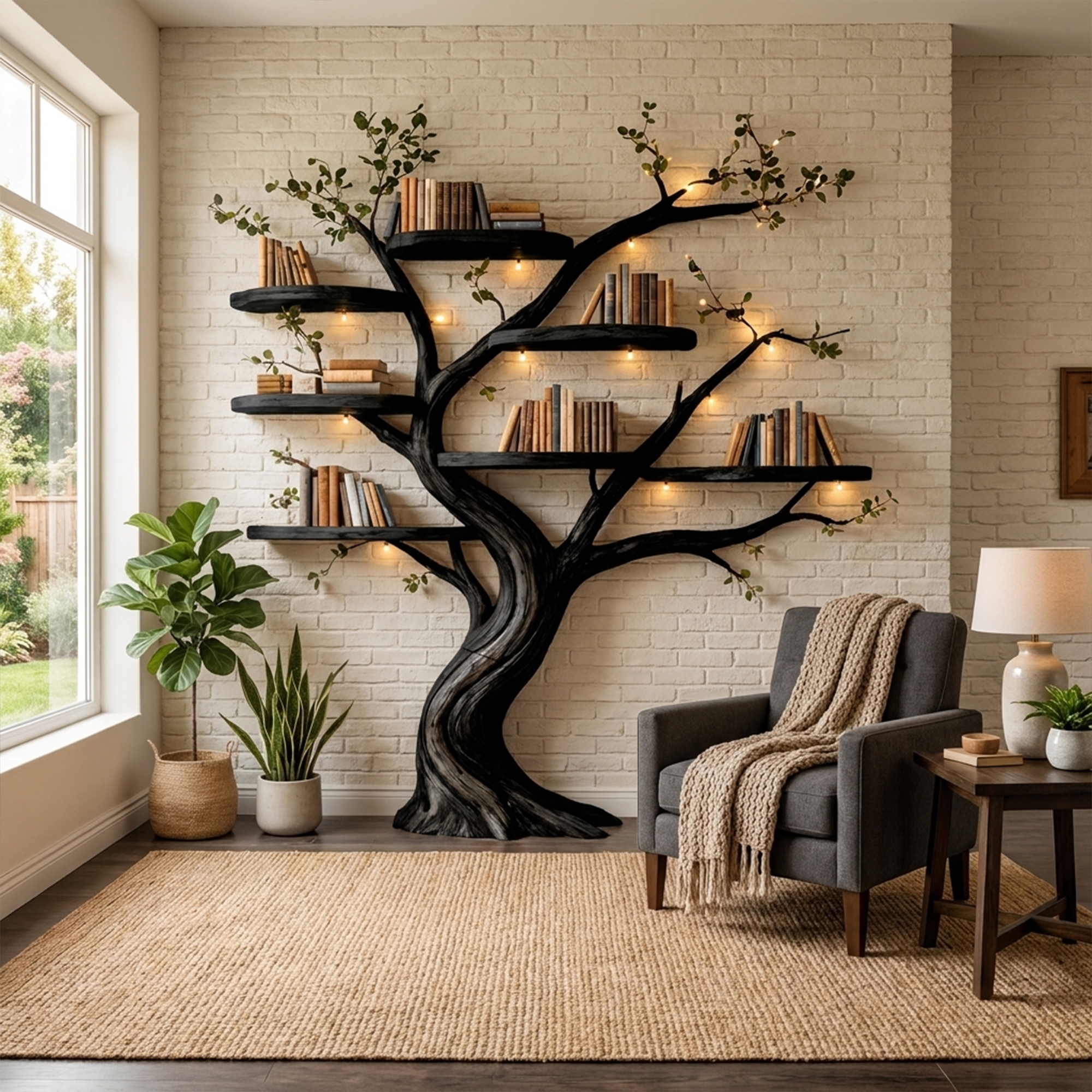 Organic Tree Bookshelf Living Room Interior Sculptural Wall Display