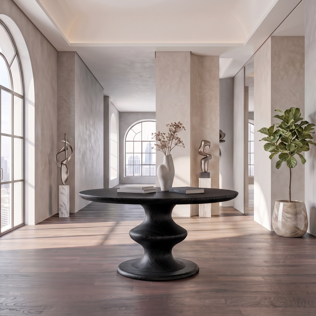 Contemporary Round Foyer Table With Turned Solid Wood Pedestal Base For Entryway And Hallway FTHCH003