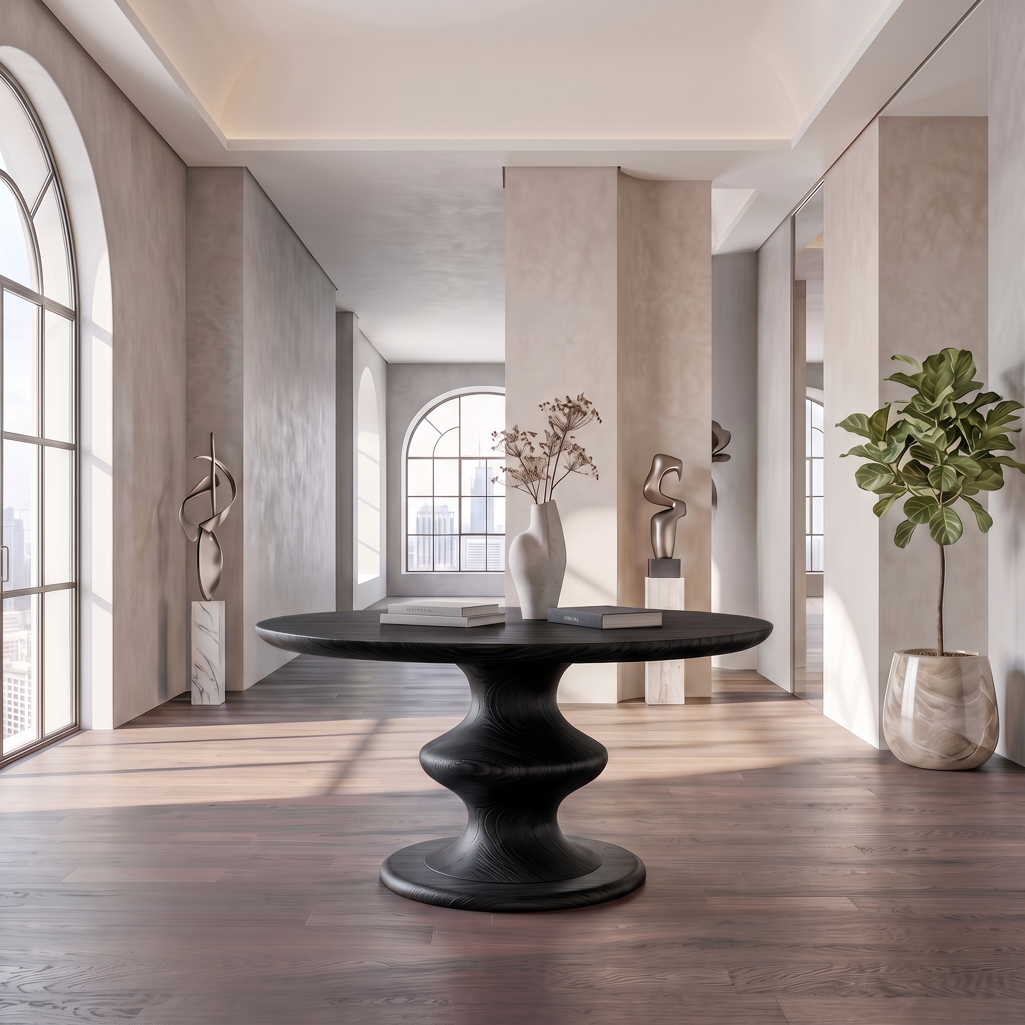 Contemporary Round Foyer Table With Turned Solid Wood Pedestal Base For Entryway And Hallway FTHCH003