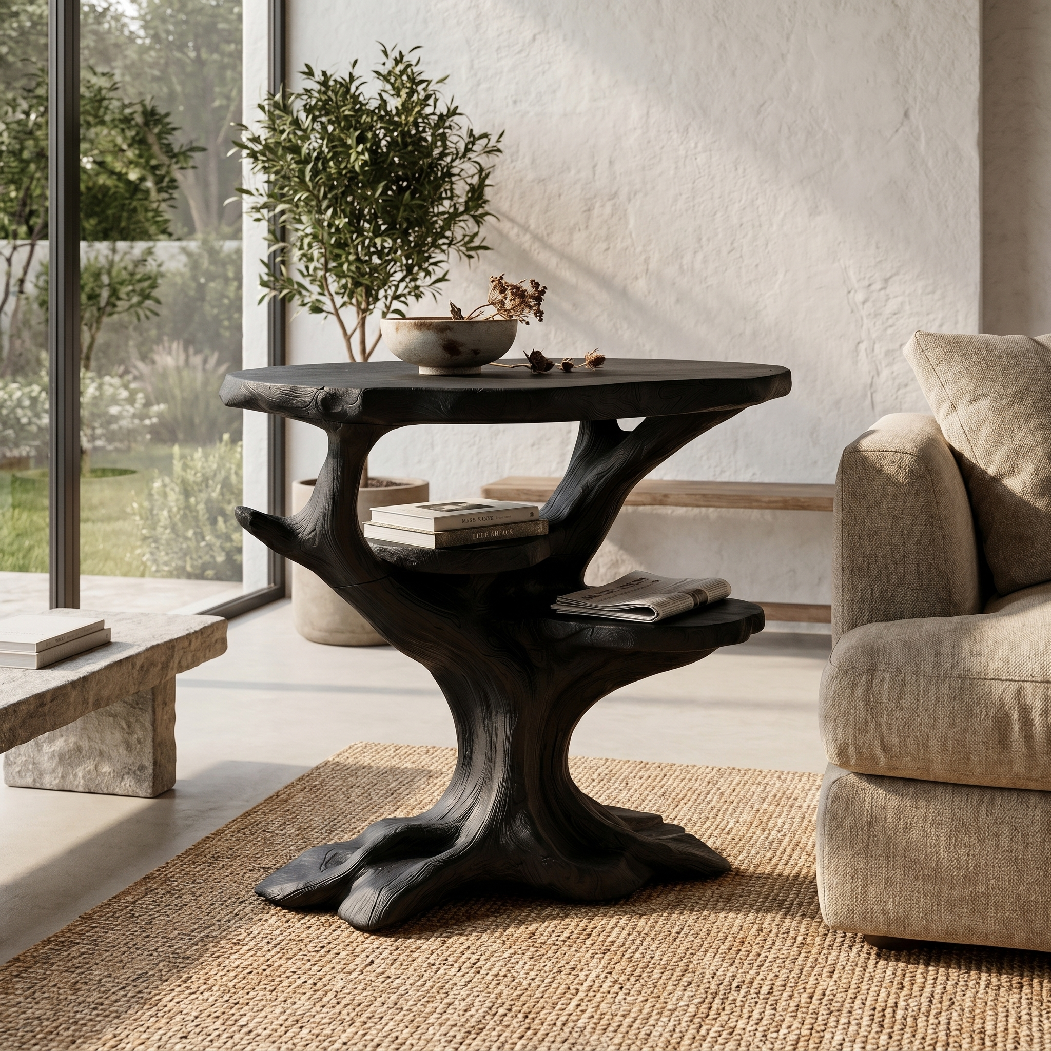 Organic Sculptural Side Table With Solid Wood Display Shelves For Living Room And Bedroom ETHCH021