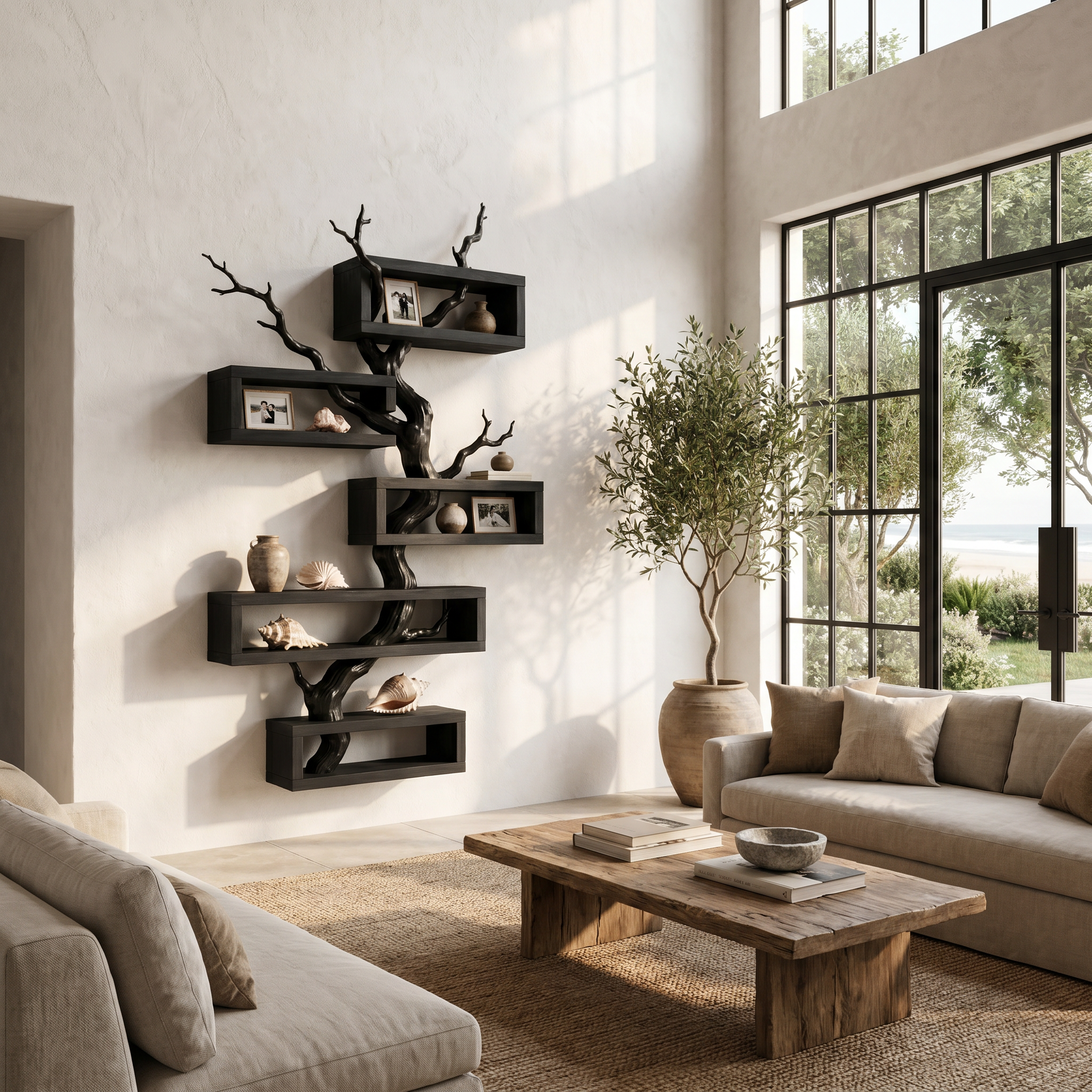Modern Tree Branch Display Shelf With Floating Shelves For Home