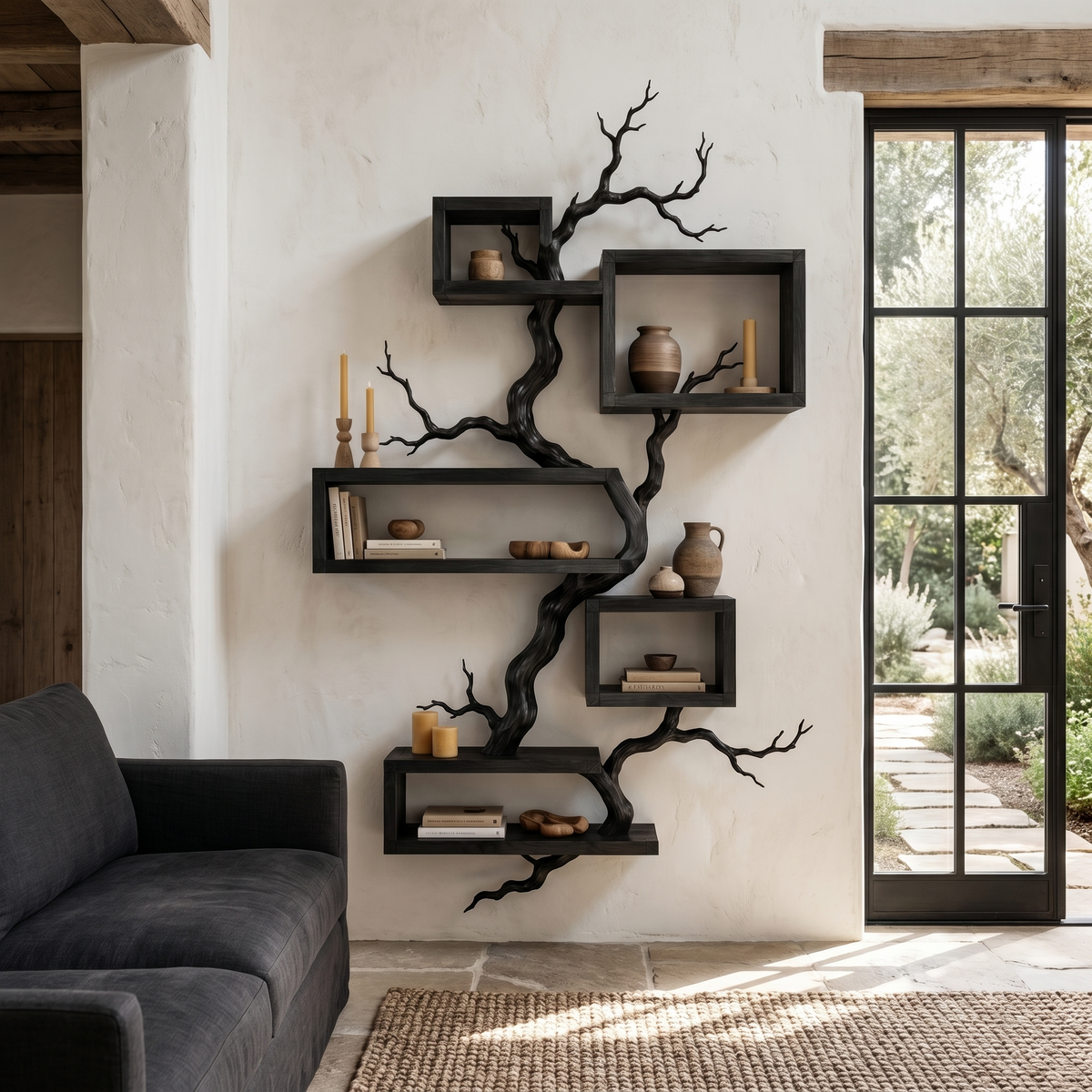 Organic Sculptural Floating Shelf With Tree Branch Design For Living Room
