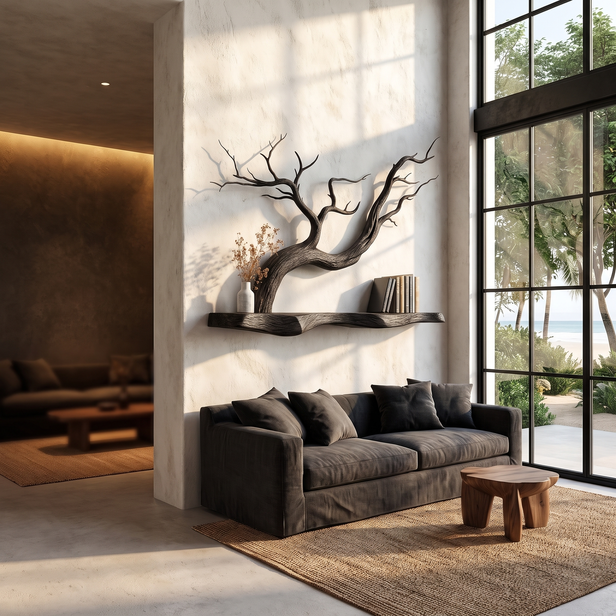 Handcrafted Floating Shelf With Sculptural Tree Branch Form For Living Room