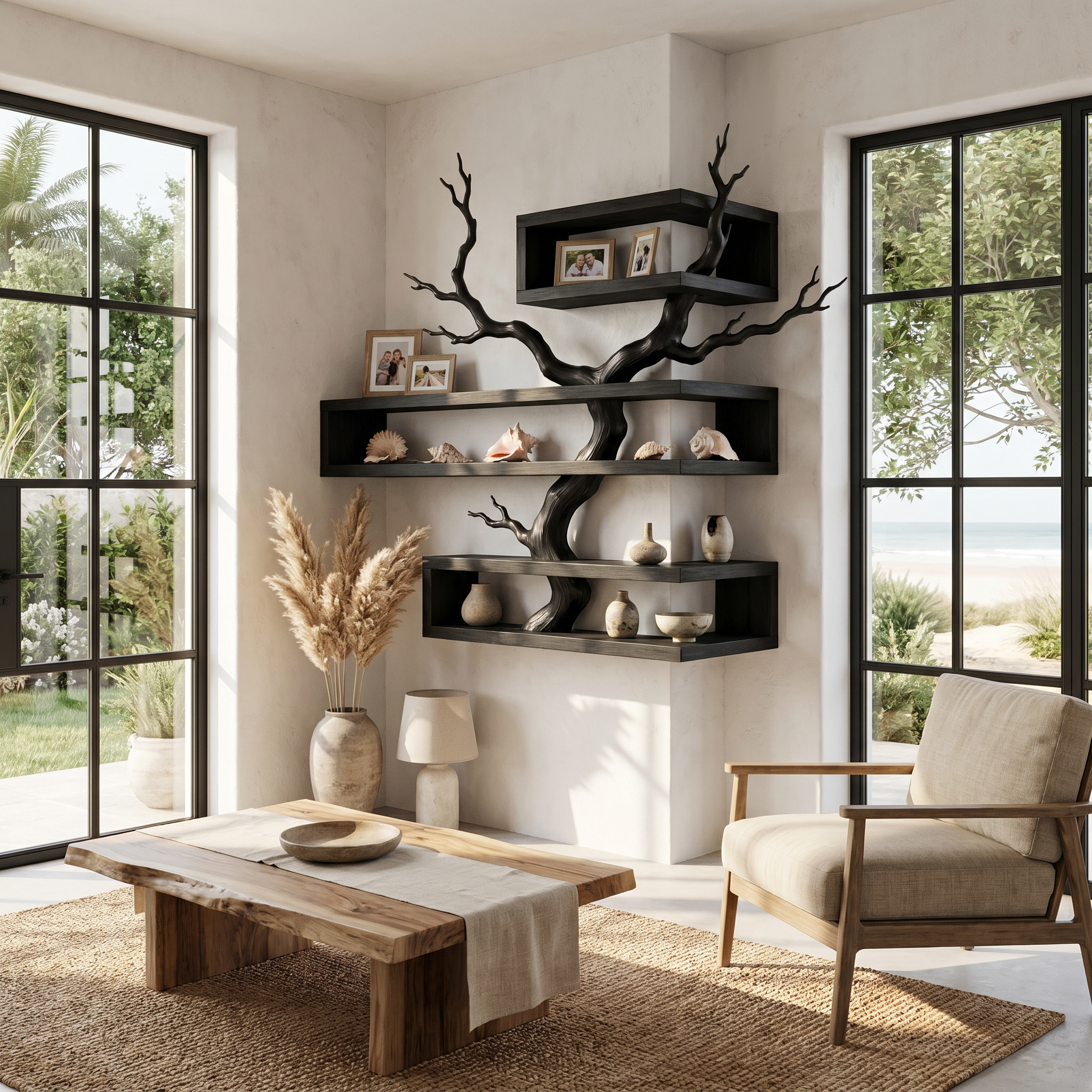 Rustic Corner Floating Shelf With Artistic Branch Shelves For Living Room