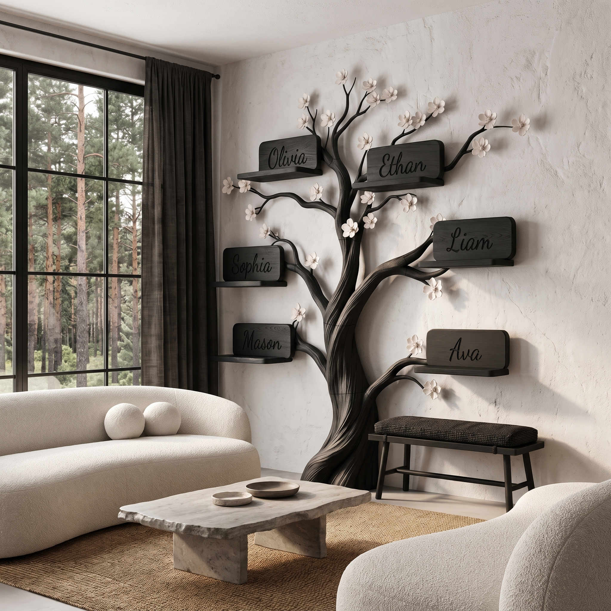 Natural Custom Family Tree Shelf With Heart Name Plaques For Living Room And Entryway