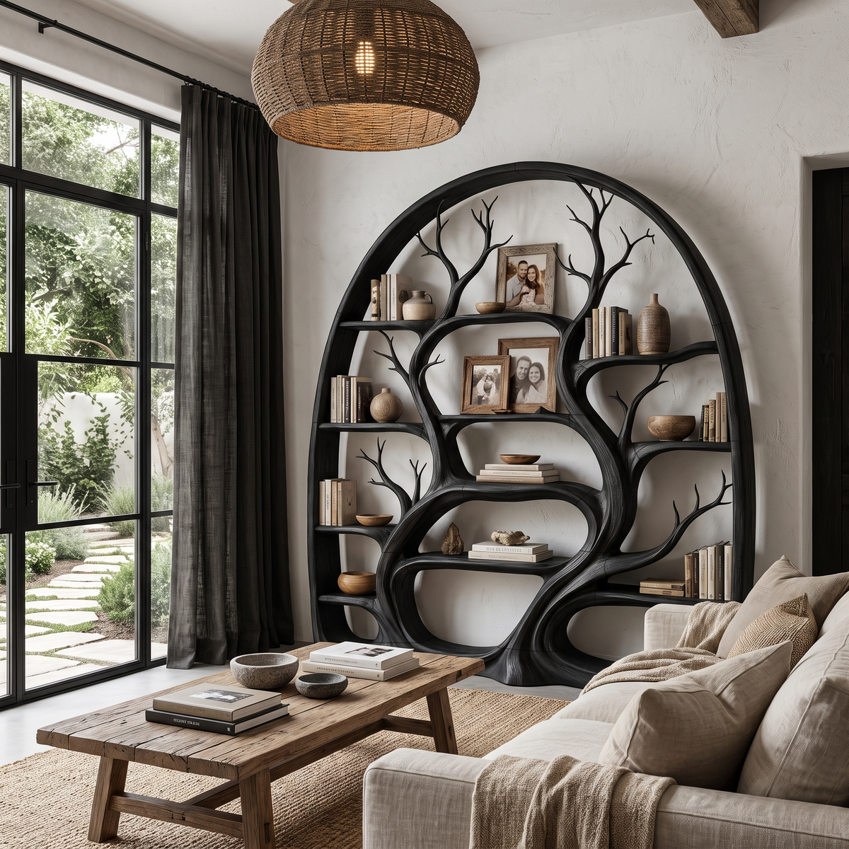 Organic Tree Bookshelf With Arched Branch Design For Living Room And Home Office