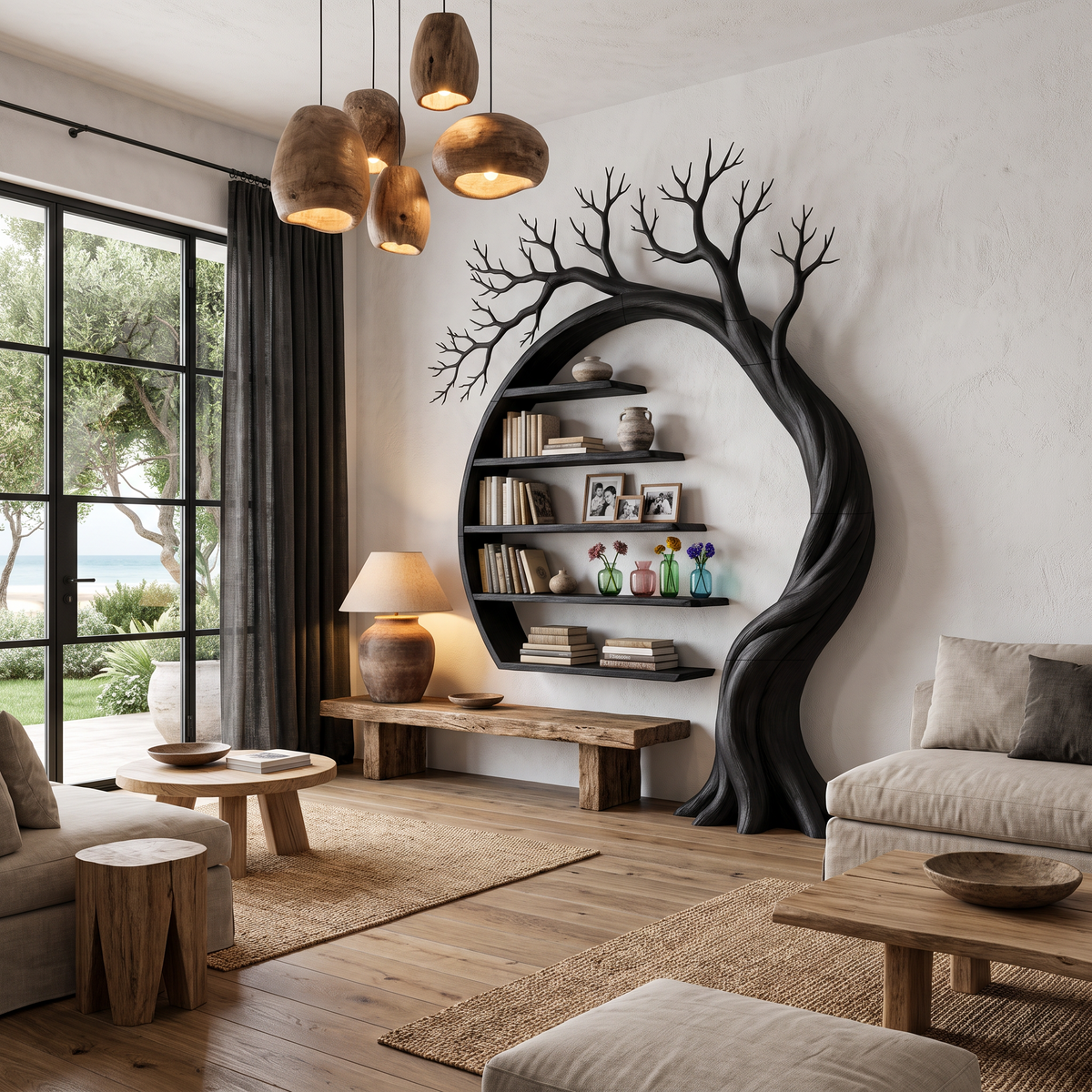 Natural Tree Bookshelf With Circular Branch Design For Living Room And Reading Nook