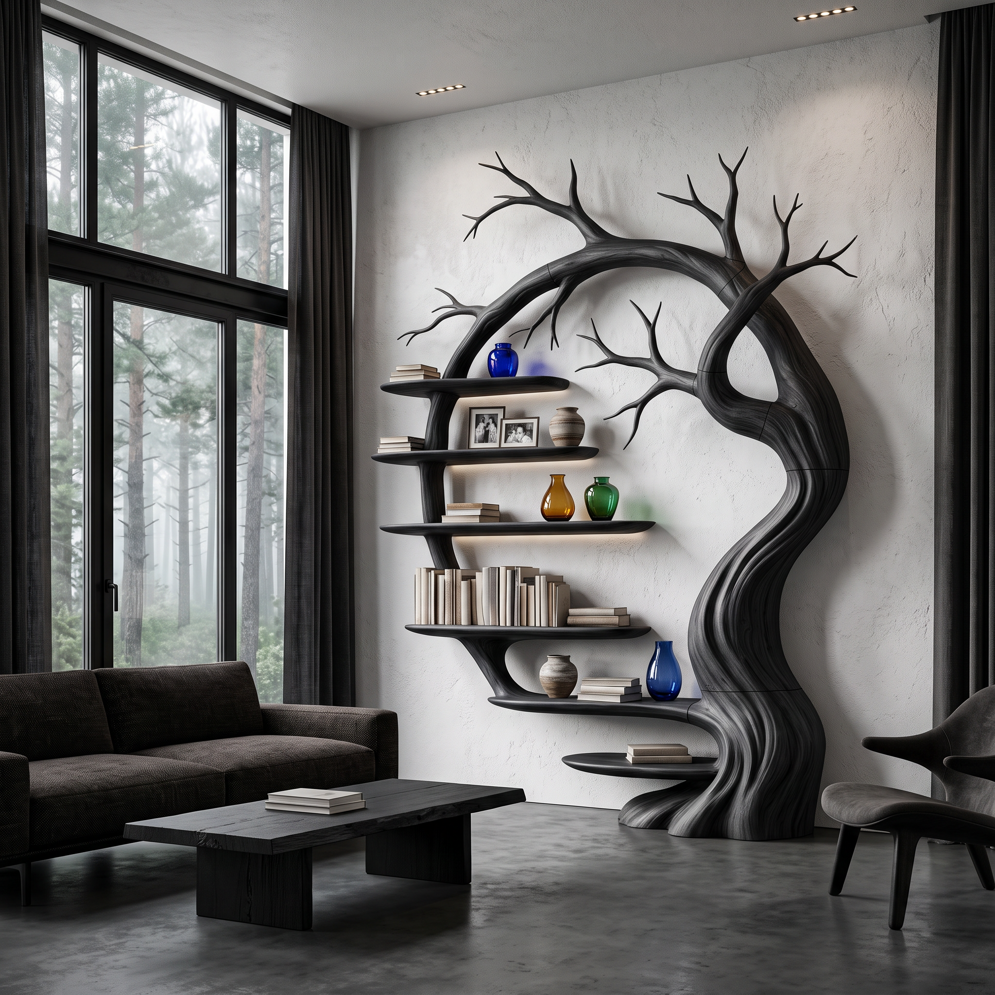 Rustic Tree Bookshelf With Sculptural Tree Branch Design For Living Room And Home Office