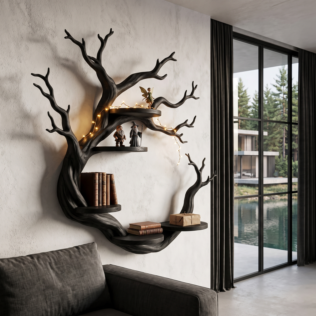 Rustic Tree Bookshelf With Sculptural Circular Branch Design For Living Room