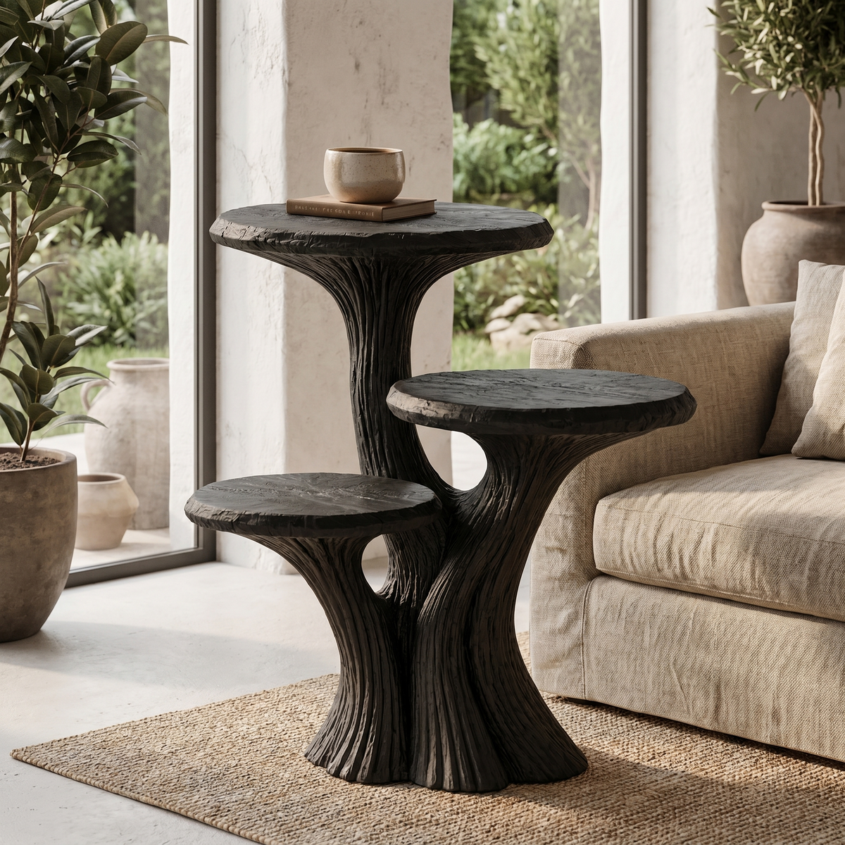 Contemporary Tiered Side Table With Sculptural Solid Wood Design For Living Room And Bedroom ETHCH023