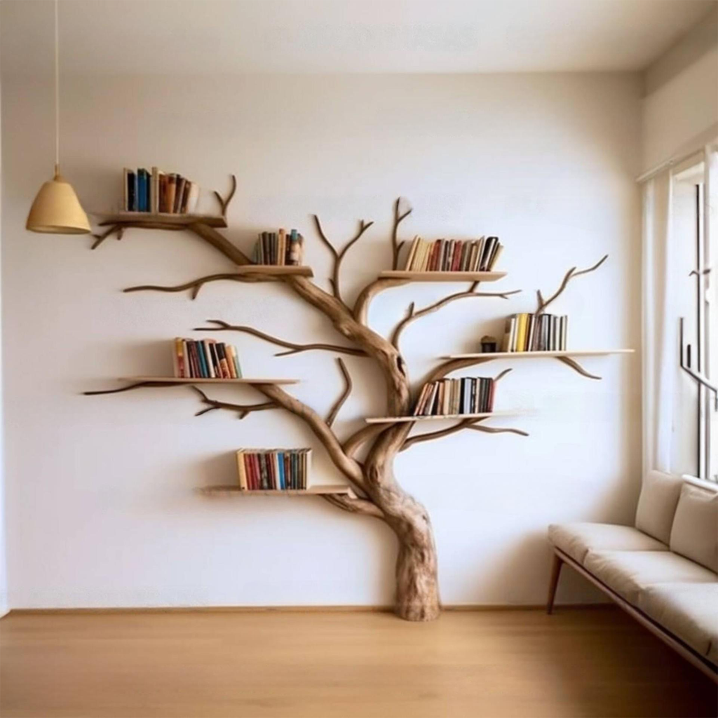 Artistic Wild Mulberry Solid Wood Tree Bookshelf For Living Room