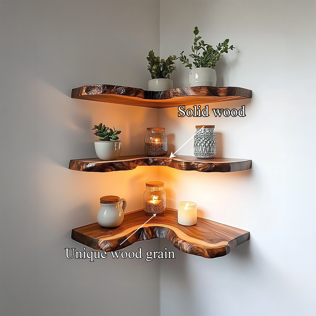 Rustic Live Edge Corner Shelves Solid Wood Living Room Interior Decorative Display CFSHCH012